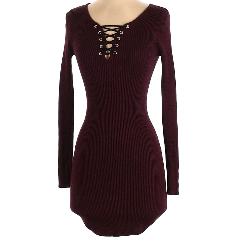 Burgundy Tight Fitting Long Sleeved Dress w/ Lace Up Chest by No Boundaries